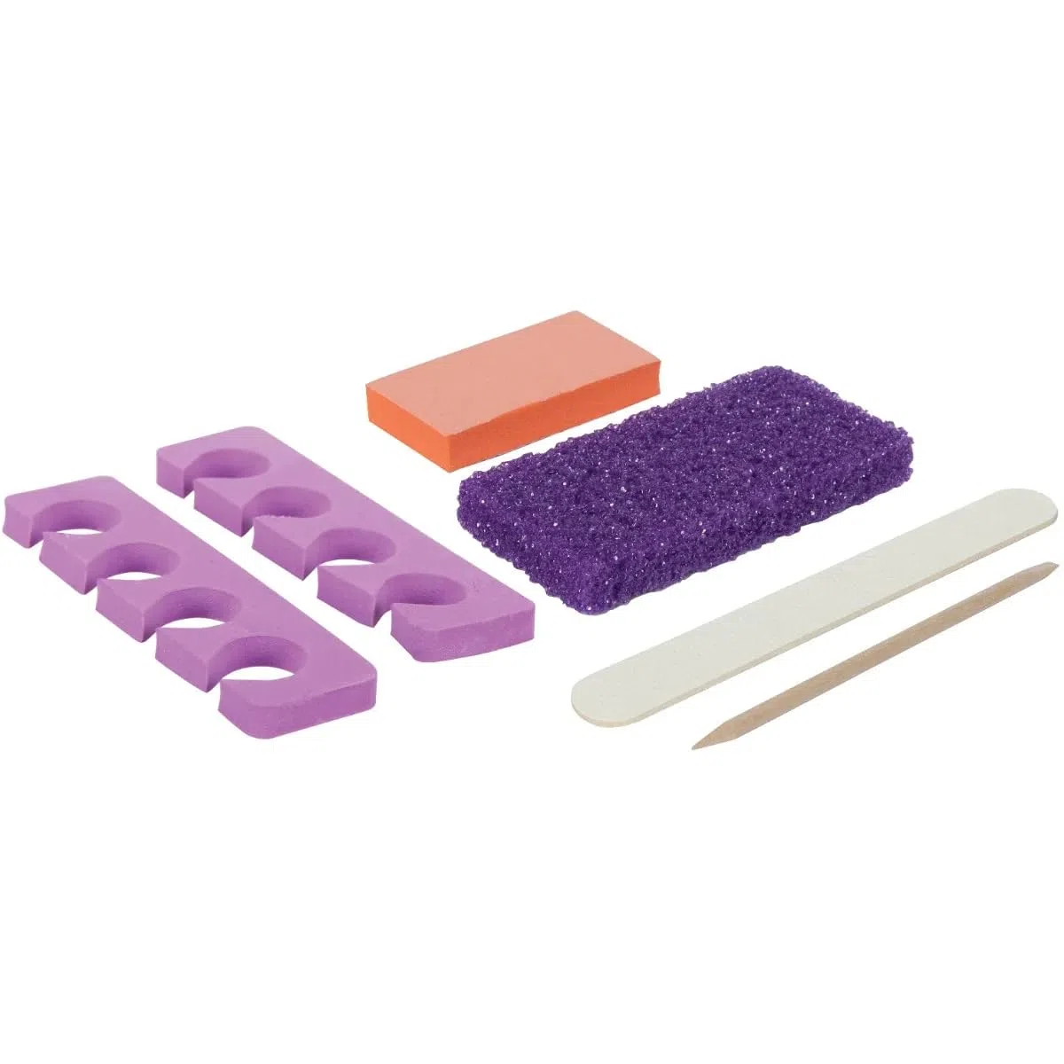 ForPro Pediküre-Set, 5-teilig, 100 Stück, einzeln verpackt, Lila Bimsstein, Holznagelfeile Körnung 80/100, Mini-Puffer Körnung 80/100, Holzstab, Zehentrenner