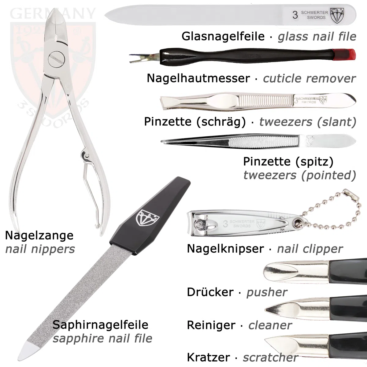 DREI SCHWERTER - 12-tlg. Nagel Set 'Palermo' | Hochwertiges Maniküre & Pediküre Nagel-Etui: Farbe: Kunst Leder Strauss-Cognac | Inhalt: 12 Instrumente inkl. Nagelschere, Nagelknipser, Glasfeile etc.