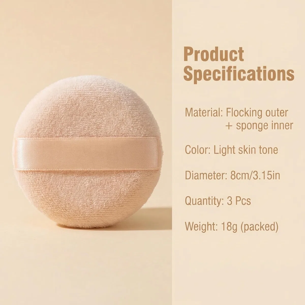 Runde Velour-Puderquasten mit Band, 8 cm, weicher Schwamm, Gesicht, Make-up, Kosmetik, loser Puderquaste, Foundation, Beauty-Werkzeug, 3 Stück (Beige)