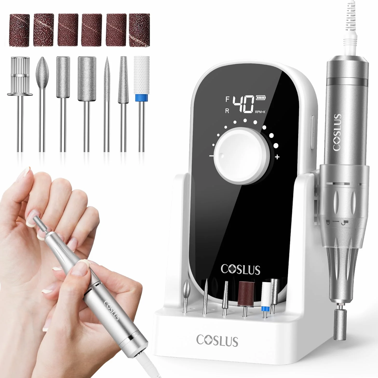COSLUS E51 Elektrische Nagelfräser 40000 U/min: 6-in-1 Professionell Nagelpflege Set für Gelnägel Acrylnägel für Salon und Zuhause Mit Gel-Entfernung und Pediküre-Funktion Tragbar und Geräuscharm