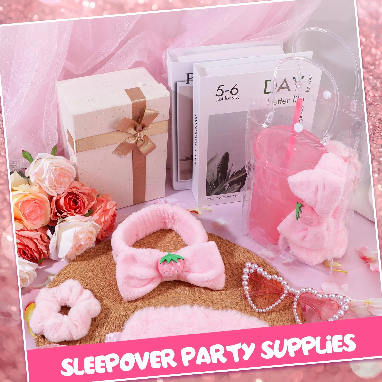 30-teiliges Party-Set, Pyjama, Mädchen, Geschenk, 6 niedliche Haargummis für Frauen, 6 Spa, Schlafmasken aus Plüsch, Rosa, 6 wiederverwendbare Paillettenbecher, 6 Make-up-Stirnbänder, 6