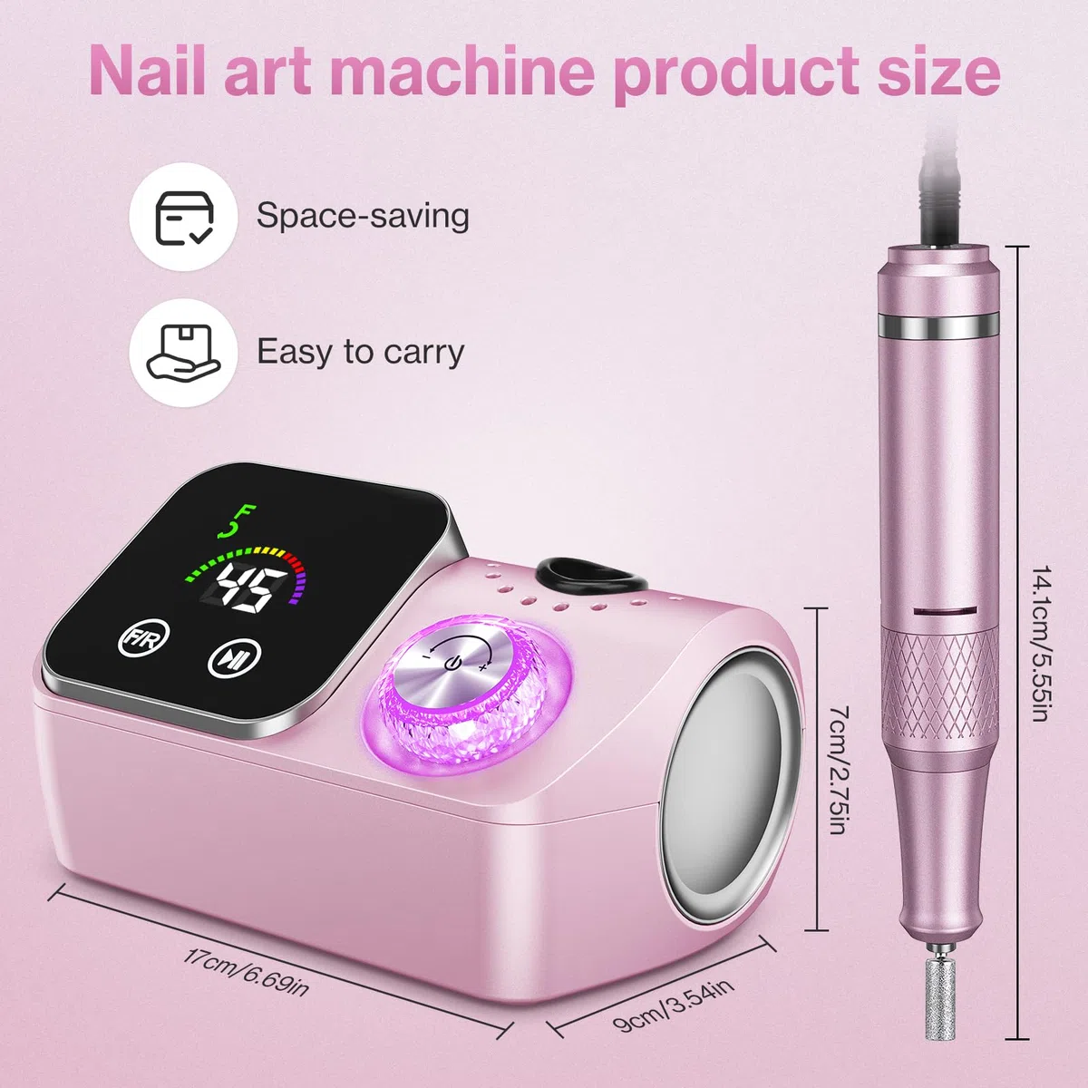 Elektrischer Nagelfeile Nagelfräser für Gelnägel, 45000 U/min Nagelfräser Professioneller mit LCD-Anzeige, Maniküre Pediküre Set mit Multifunktionale Basis und Touch-Button-Steuerung (Rosa)