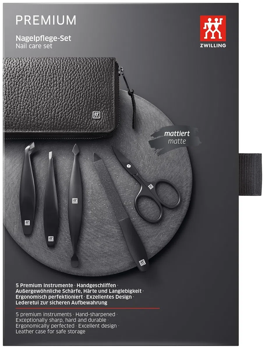ZWILLING Maniküre-Set (3-, 4- oder 5-teilig, Echtleder-Etui, Reiseset mit Nagelschere, Nagelknipser, Bart- und Nagelhautschere), Premium, Black Edition