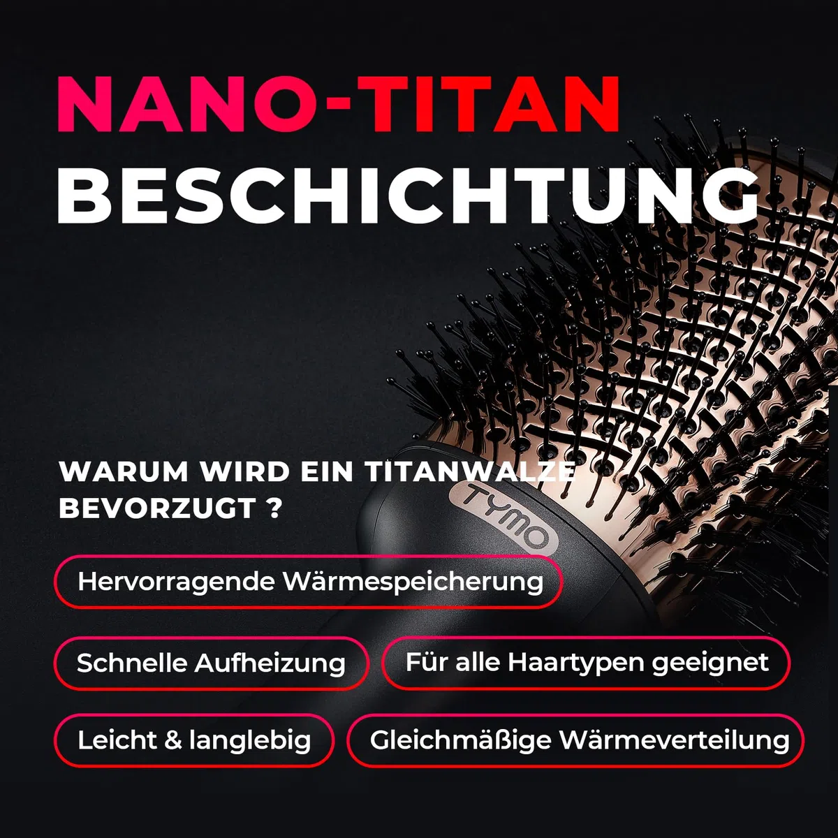 TYMO Warmluftbürste Rundbürstenföhn, Haartrockner und Volumenbürste in einem, Ionen Föhnbürste Stylingbürste Für Schnelles Föhnen, Glätten, Locken, Volumen Kreieren, 3 Temperaturen, Eurostecker, Gold