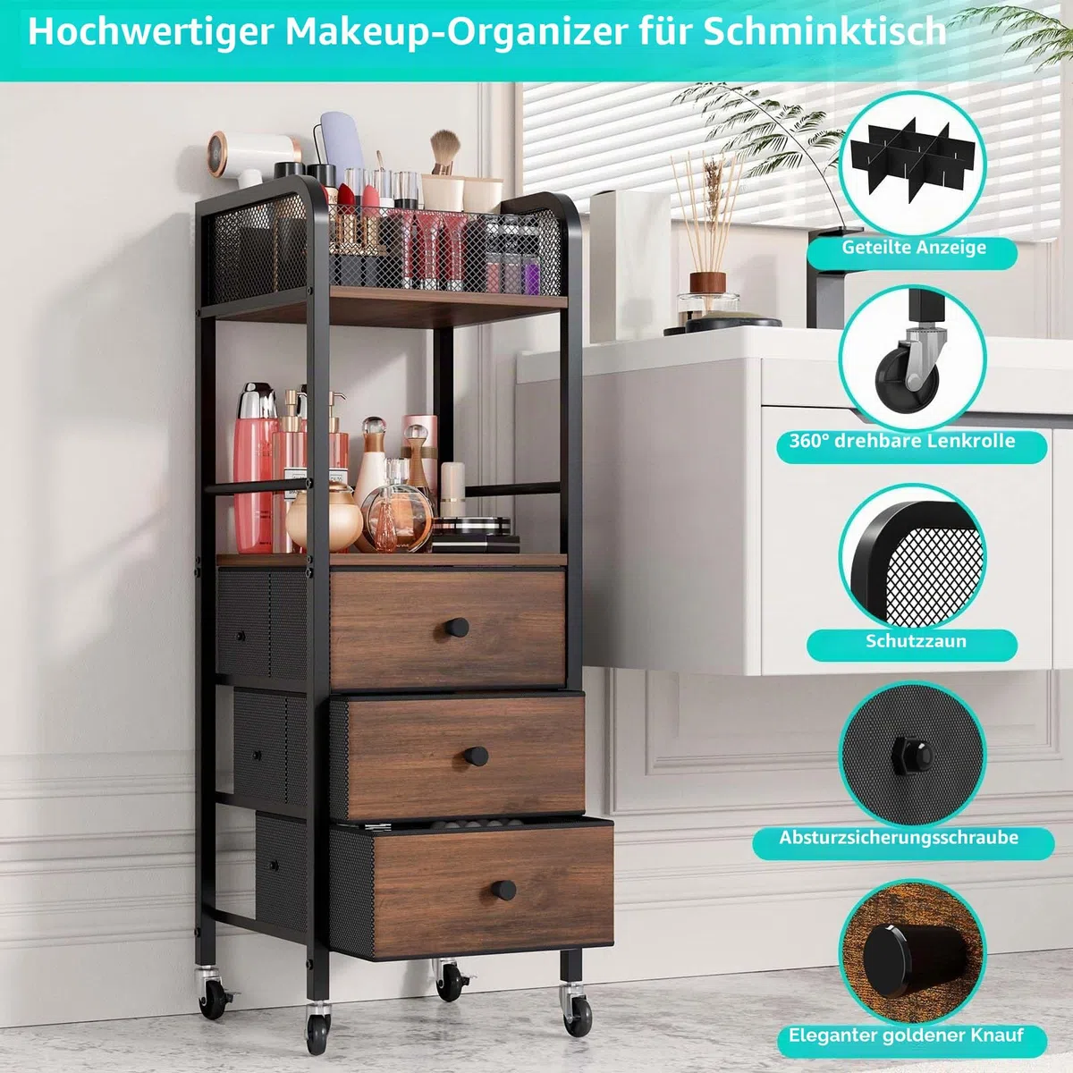 Kosmetik Rollwagen mit 3 Schubladen - Hautpflege Organizer für Kosmetikstudio, Parfüm, Nagellackbürste