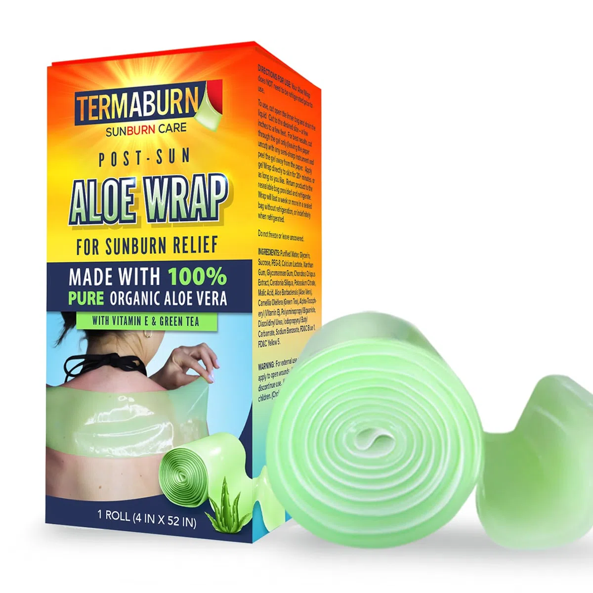 Organic Aloe Wrap for Sunburn Relief by TermaBurn - Organic Aloe Skin Treatment for Long-Lasting Relief from Pain, Itching and Peeling. Made in the USA with 100% Certified Organic Aloe
