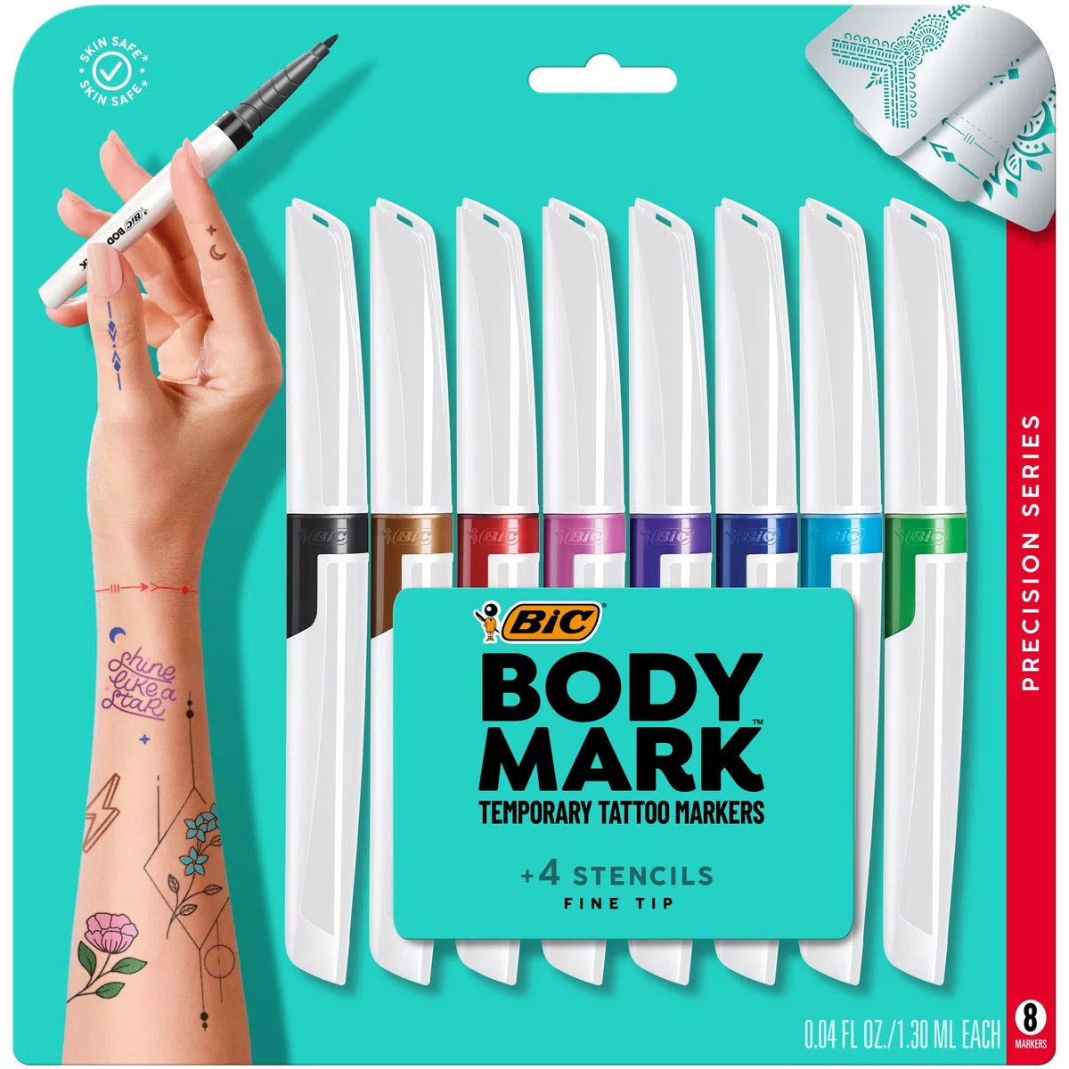 BIC BodyMark Temporary Tattoo Marker with Fine Tip, Precision Series, Assorted Colors, Pack of 8 Markers + 3 Stencils | Feine Spitze für detaillierte Kunst, hautfreundliche Formel für sichere Anwendung, schnell trocknende, wasserabweisende Tinte