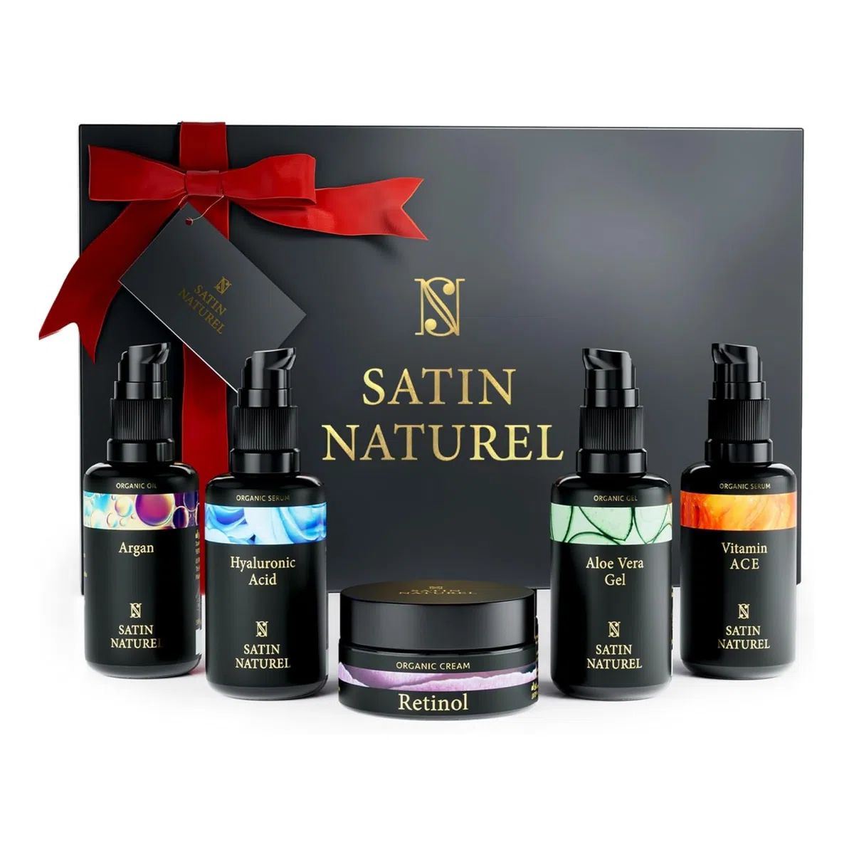Satin Naturel Geschenkset für Frauen 5x30ml Skincare Routine Aloe Vera Gel Arganöl Vitamin C Serum Hyaluron Serum Retinol Creme Vegan Luxus Geschenkbox Premium Edition