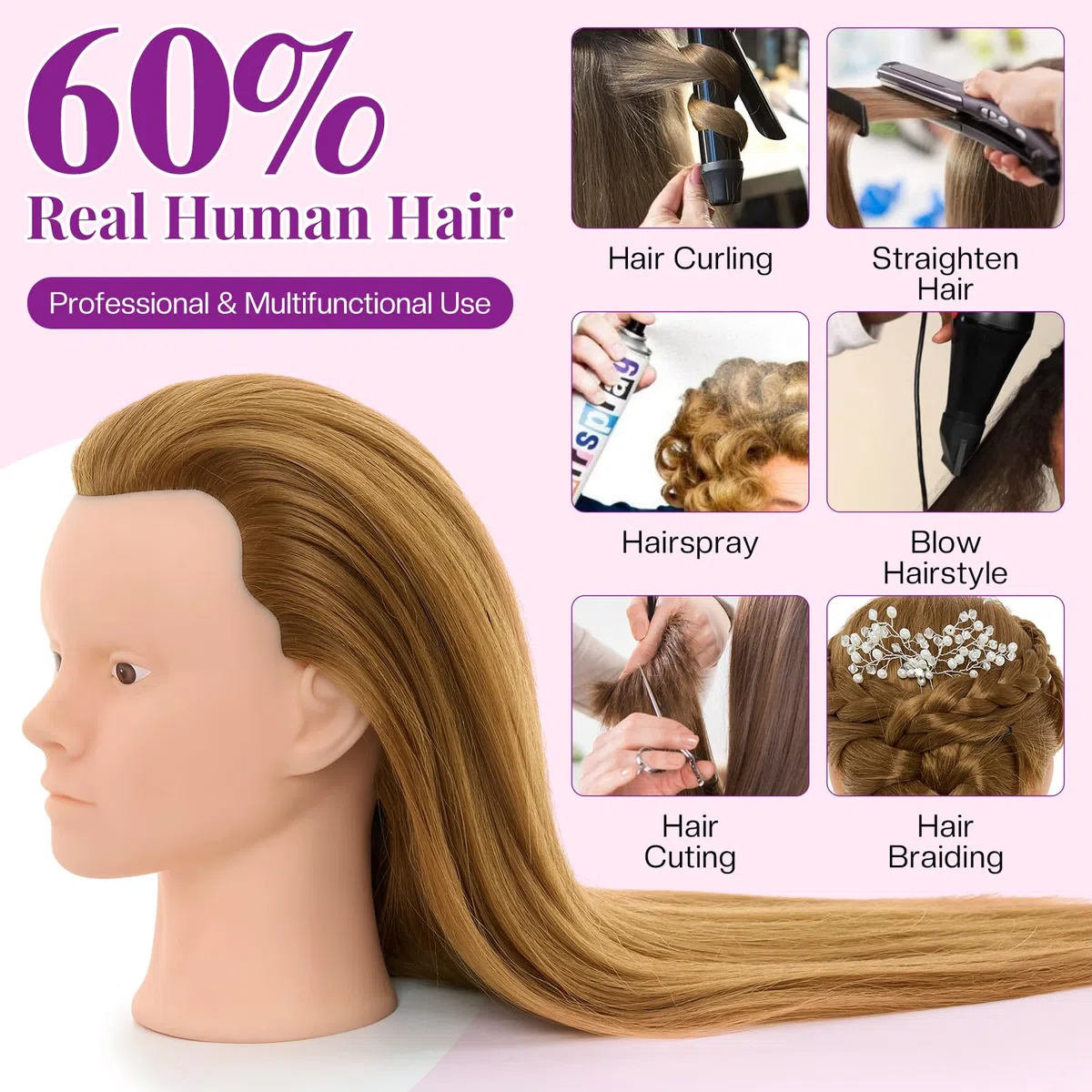 Neverland Schminkkopf Frisierkopf mit Übungskopf Ständer, 71cm 60% Echthaar Puppenkopf zum Frisieren, Trainingsköpfe für Friseure Ausbildung Kopf mit Tischklemme, Wimpern und Haare Zubehör(Gold)