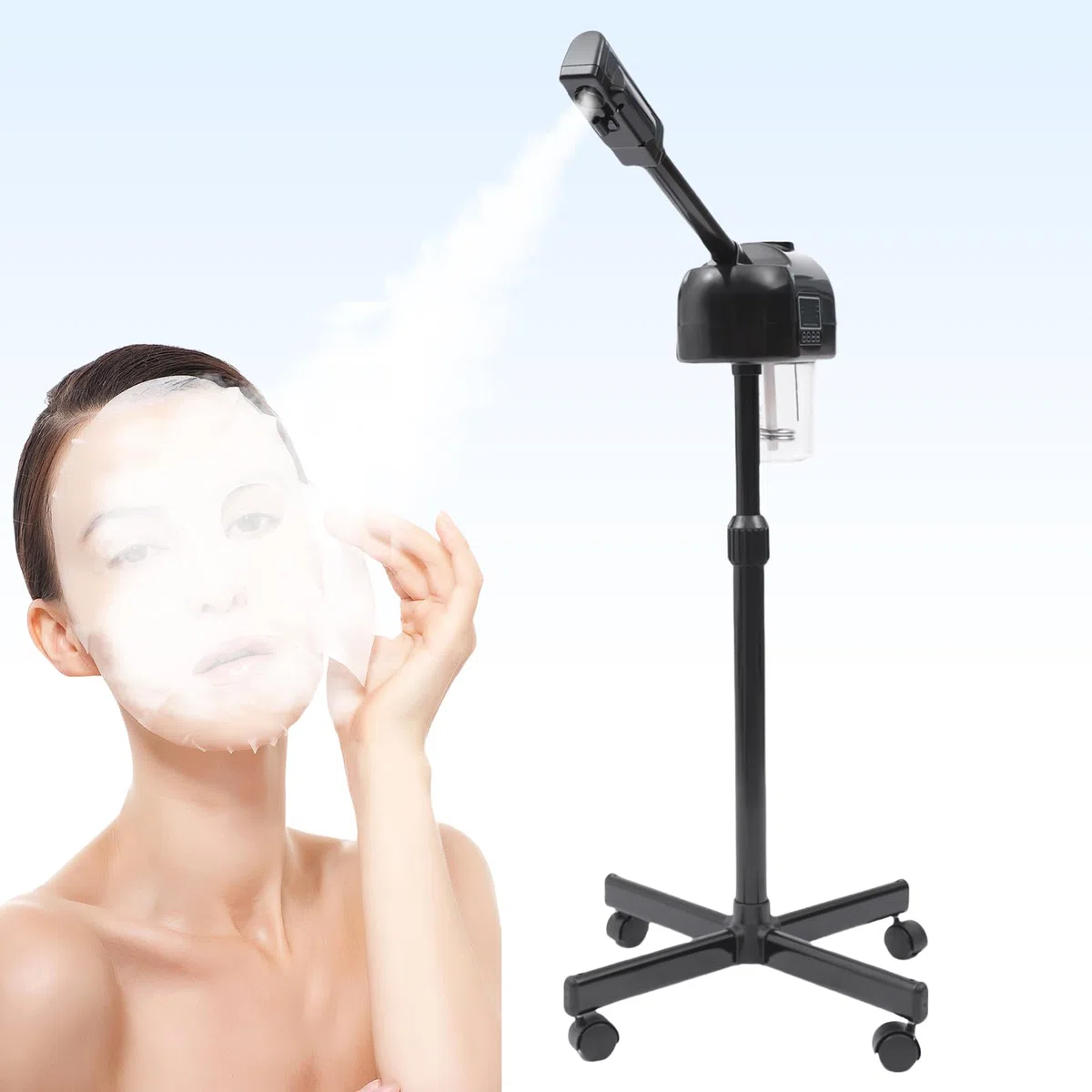 Tragbarer Vapozon, ästhetisch, professionell, höhenverstellbar, Gesichtsdampf, mit LCD-Display und Rollen, geeignet für Schönheitssalons, zu Hause (schwarz)