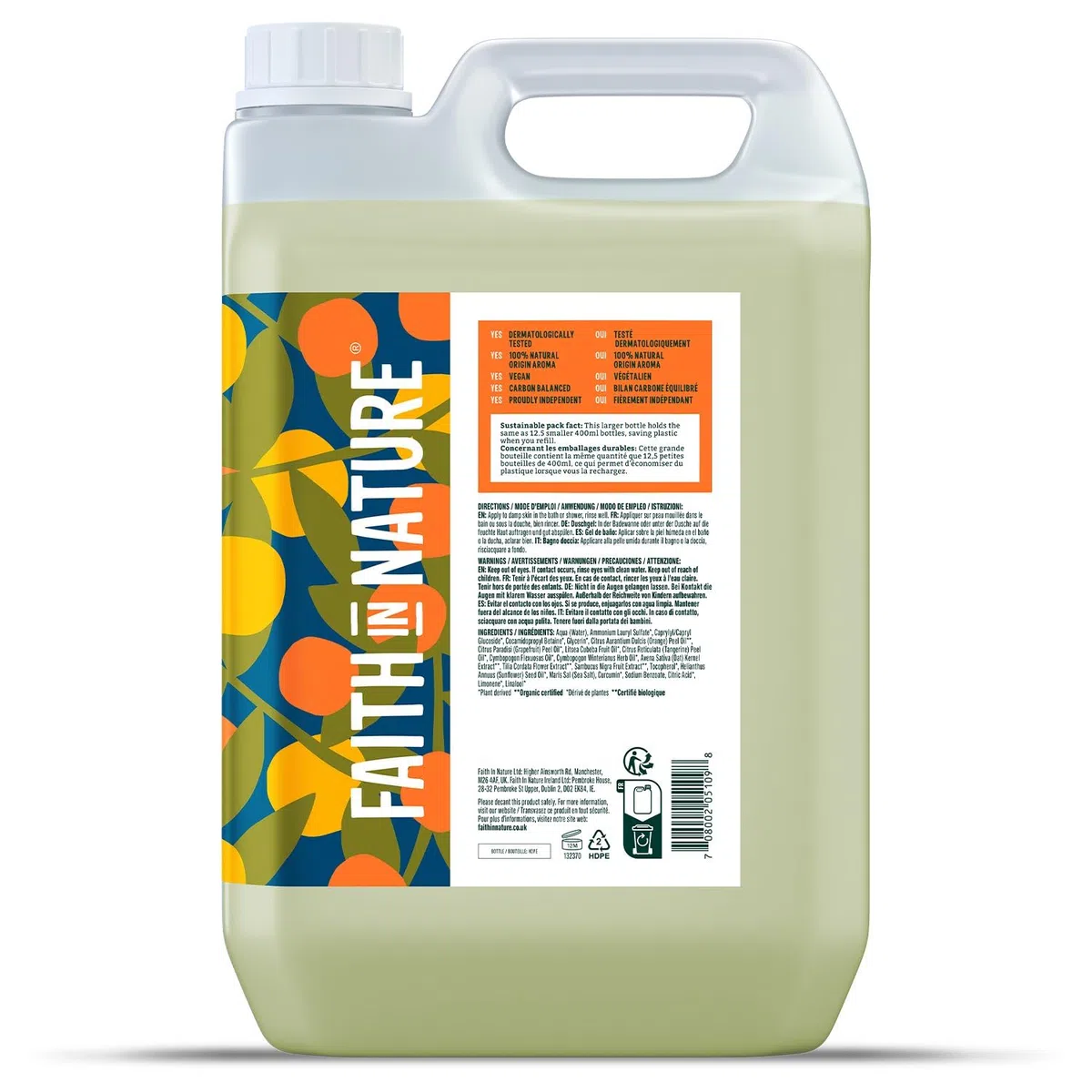 Faith In Nature Natürliches Grapefruit & Orange Duschgel, Energiespendendes Duschgel, Vegan und tierversuchsfrei, Ohne SLS oder Parabene, 5 L Nachfüllpack