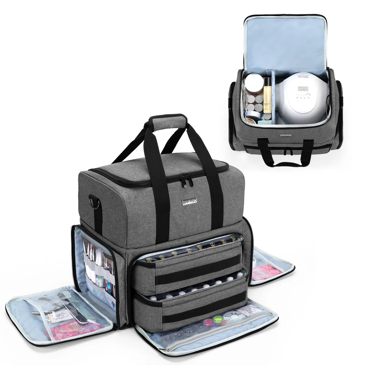 BAFASO Nagellack Aufbewahrung Tasche, Nagellack Tasche Groß Organizer | Kosmetiktasche für 80 Flaschen Nagellack (BIS ZU 15 ML), Nageltrockner und Nagellack Zubehör Set, Grau
