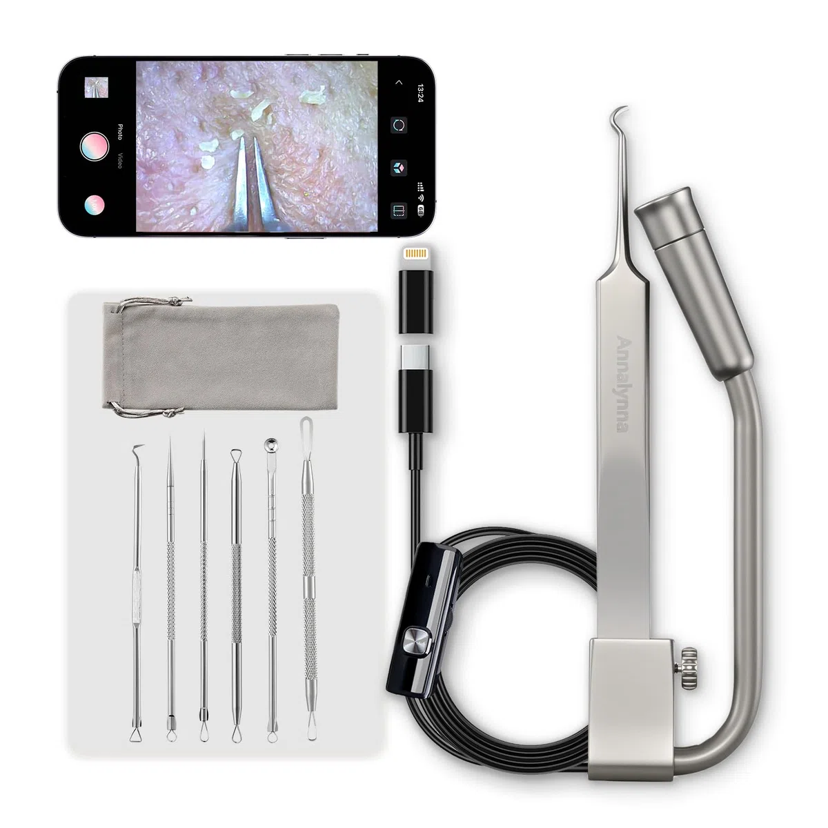 Luma 1 Visuelle Mitesser-Entferner Pinzette mit Kamera – Pimple Popper Tool mit 20-facher Vergrößerung, 1080P, 8 LED-Lichtern, inklusive Mitesser-Entferner-Set (6-teilig), Titan