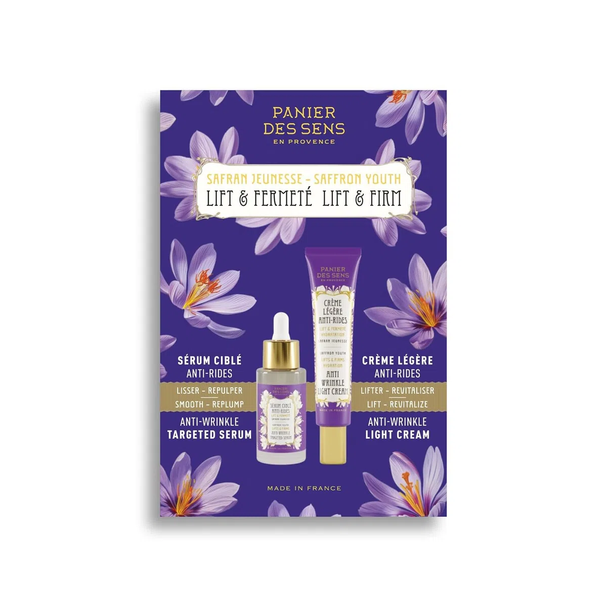 Panier des Sens - Hautpflege-Set - Anti-Aging-Routine Lift & Straffung | Leichte Creme & Serum gegen Falten mit Saffron Extrakt - Set für Frauen - Feuchtigkeitscreme für das Gesicht - 30ml & 50ml