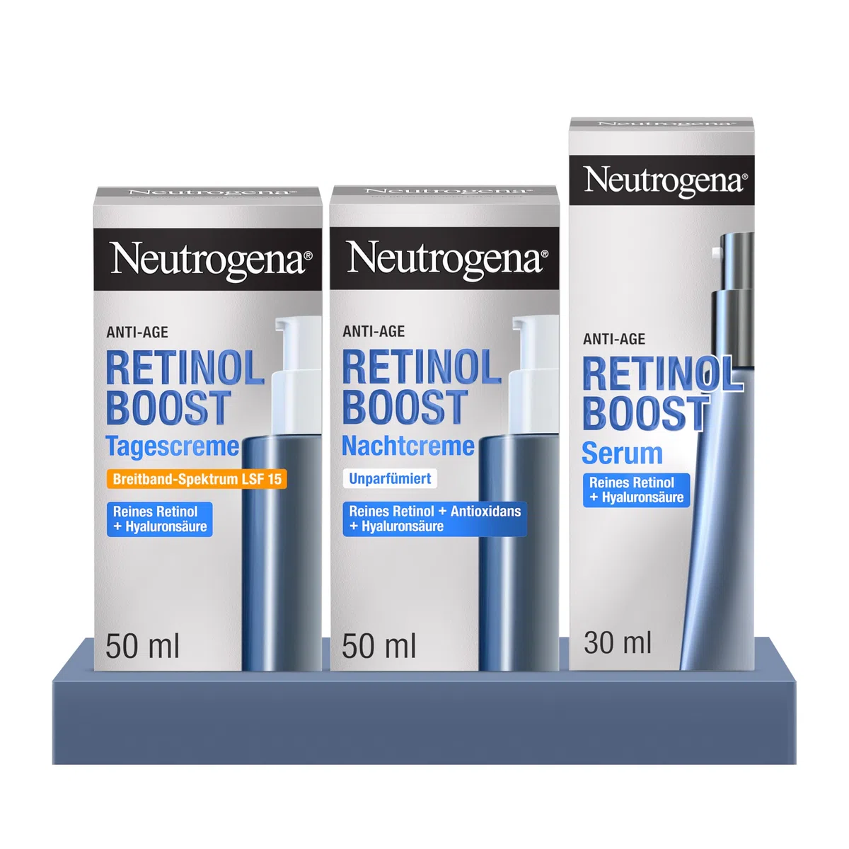 Neutrogena Retinol Boost Anti-Ageing Set Tagescreme SPF 15 Nacht Creme Serum Retinol Hyaluronsäure