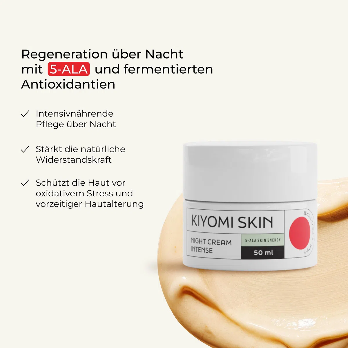 Regenerierende Nachtcreme Intensiv 50ml - mit 5-ALA, Ceramide und Resveratrol - bei trockener Haut, dermatest sehr gut, vegan Gesichtscreme für die Nacht Gesichtspflege Nacht Creme