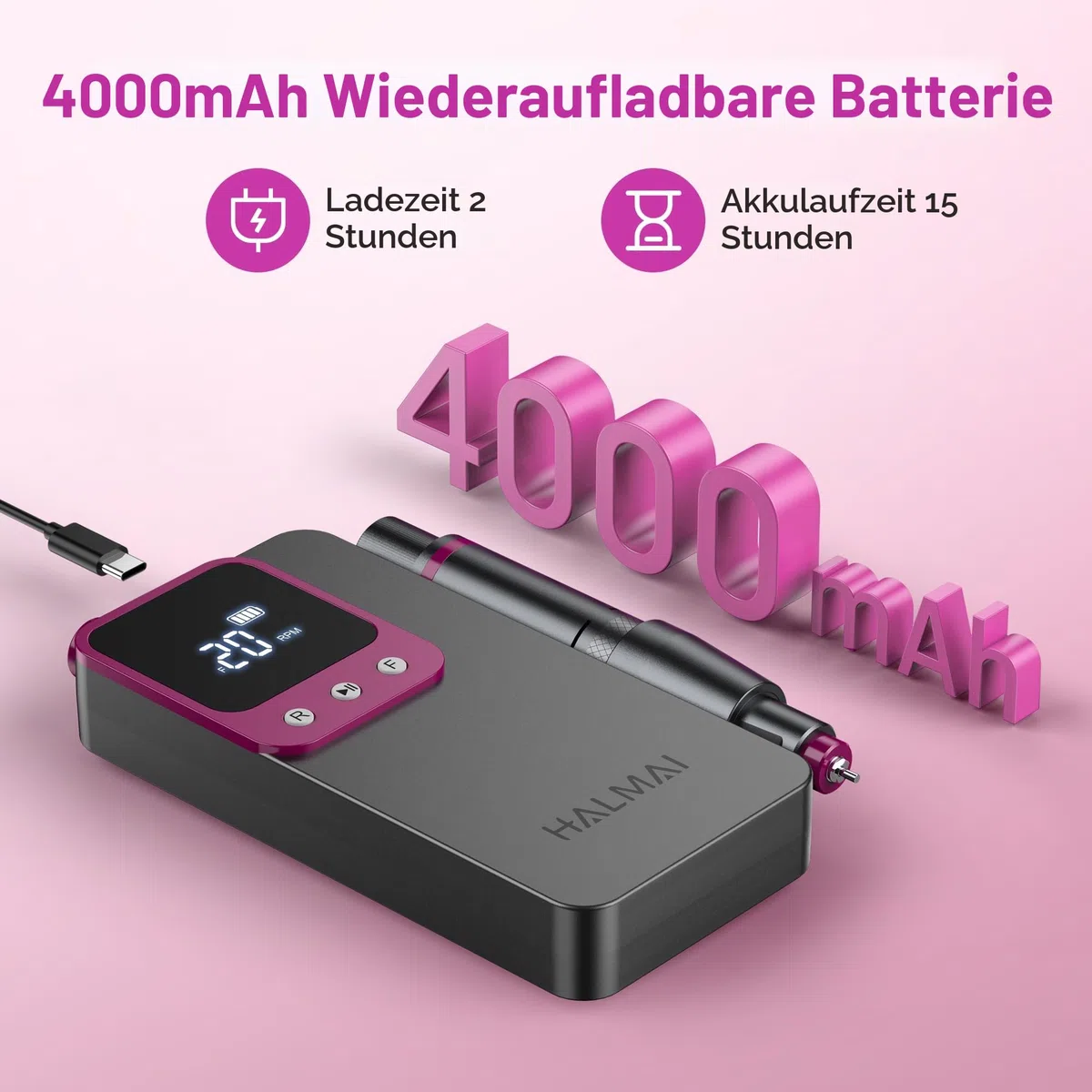 HALMAI Elektrischer Nagelfräser Professionell, Tragbare Nagelfeile für Acryl-Gel-Nägel, Kabelloses wiederaufladbares Nagelbohrer-Kit 40000RPM, HMC320 Salon-Grade Efeil-Nagelmaschine (Dunkelgrau)