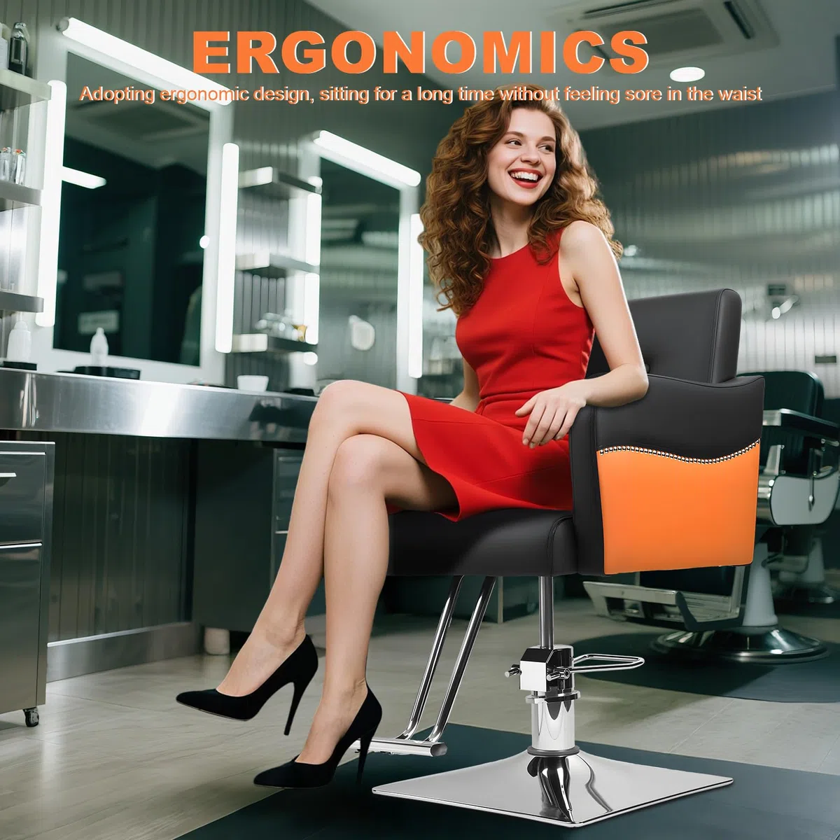 Friseurstuhl Höhenverstellbar mit hydraulischer Pumpe 360° Drehbar belastbar bis 150 kg Schwarz Orange