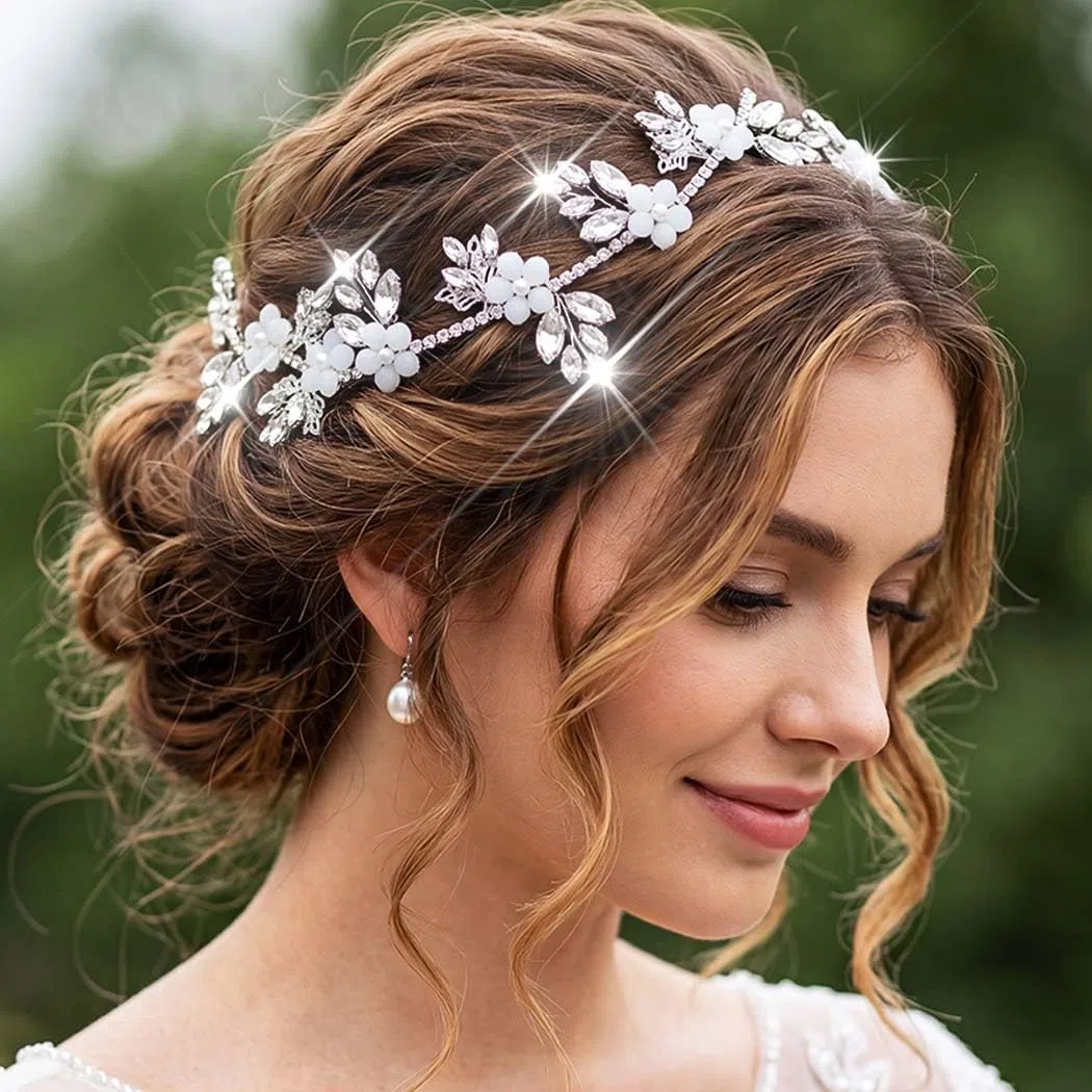 Catery Strass Braut Stirnband Hochzeit Kopfschmuck für Bräute (Silber) | Kristall-Haarschmuck, florale Perlen, Haarschmuck für Hochzeit, Brautjungfer, Abschlussball, glitzernd