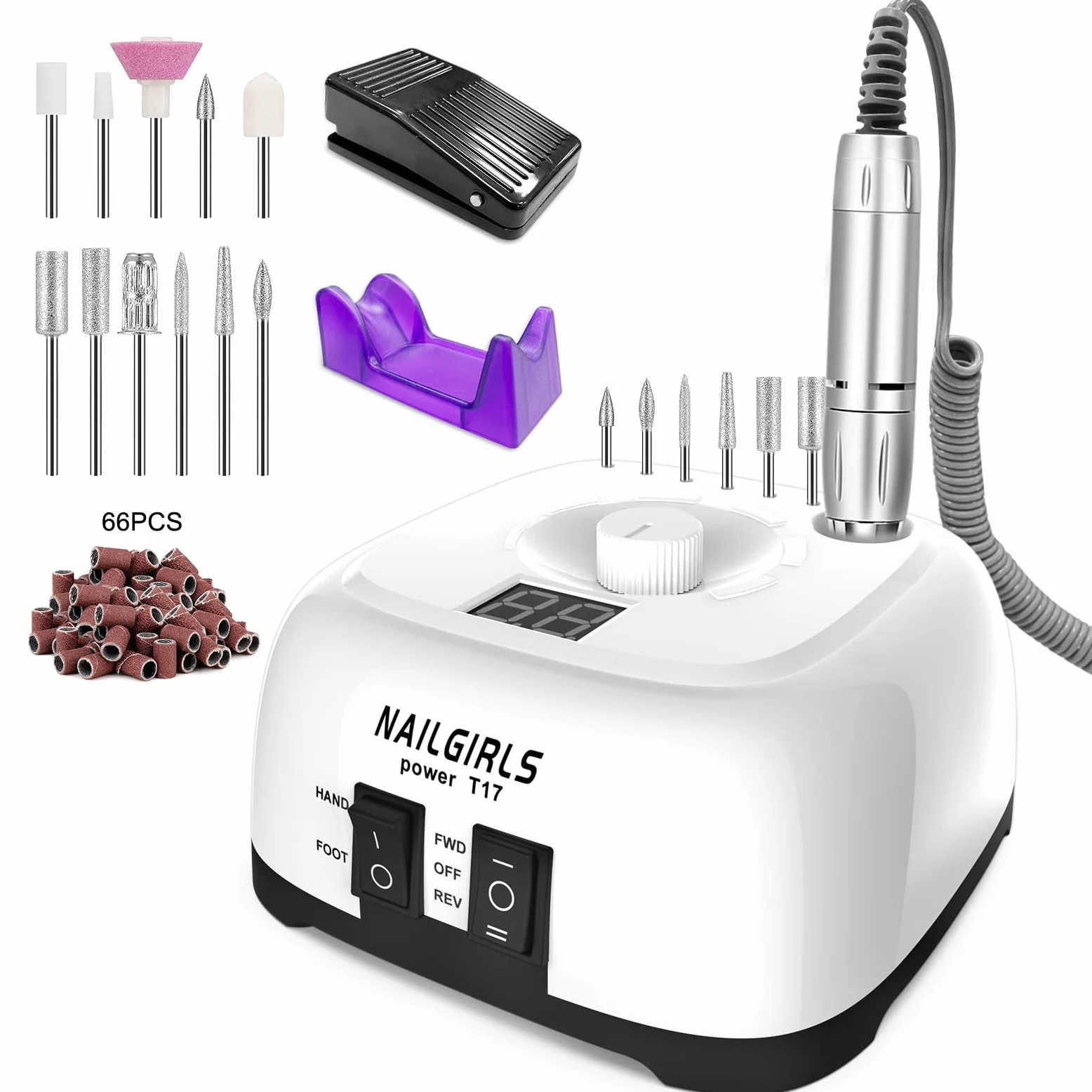 NAILGIRLS Elektrische Nagelfräser, 11 in 1 Nagelfräser für Gelnägel, 35000 U/min, Leise, mit LCD-Display und Fußpedal, Maniküre Set Elektrisch, Maniküre Pediküre Set für Anfänger & Profis(Weiß)