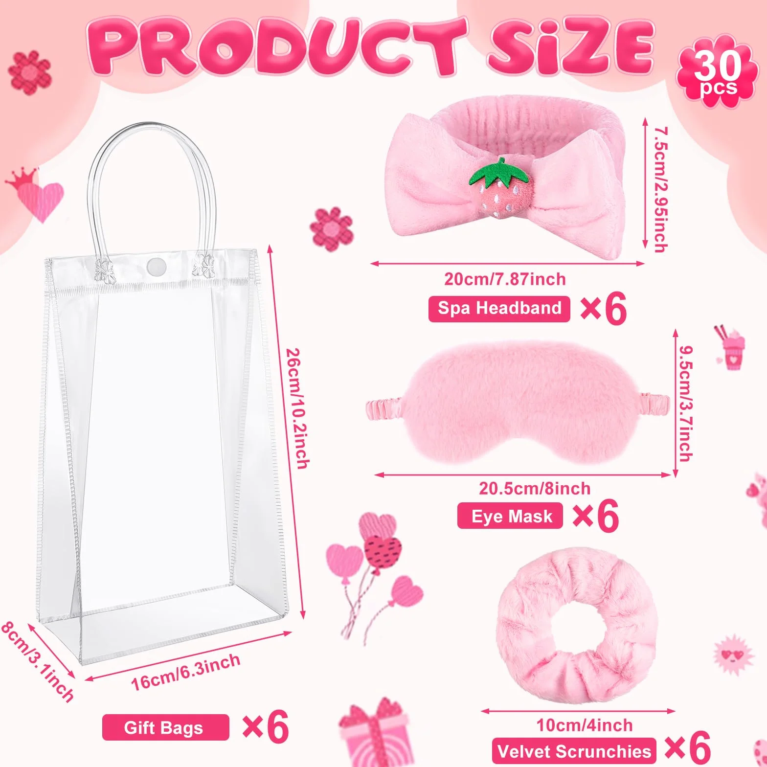 30-teiliges Party-Set, Pyjama, Mädchen, Geschenk, 6 niedliche Haargummis für Frauen, 6 Spa, Schlafmasken aus Plüsch, Rosa, 6 wiederverwendbare Paillettenbecher, 6 Make-up-Stirnbänder, 6
