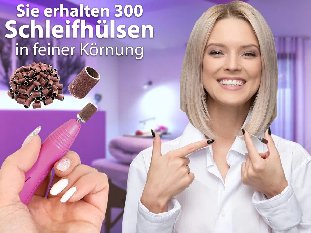 Fußpflegegerät speziell zur Hornhautentfernung mit 300 Schleifhülsen | Nagelfräser Pediküre Schleifer als elektrische Nagelfeile zur Hand und Fußpflege mit Kappenträger & Diamantschleifer