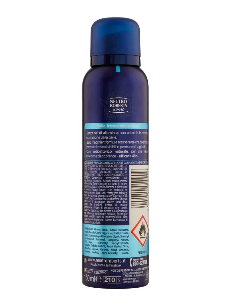 12 X Neutro Roberts Uomo Deodorant Spray Fresco Essenza Marina, 0% Aluminiumsalze, 48h Wirkung, 150 ml,+ Italy Shop Service Kostenloser Schlüsselanhänger