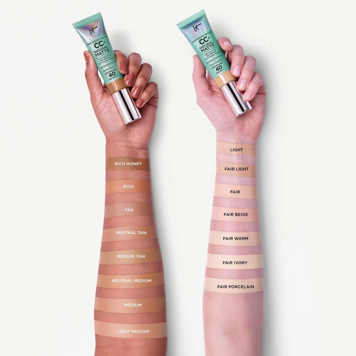 IT Cosmetics Your Skin But Better CC+ Cream Natural Matte LSF 40, 32 ml, Glanz reduzierende, farbkorrigierende und pflegende Foundation mit LSF 40, Getönte Gesichtscreme