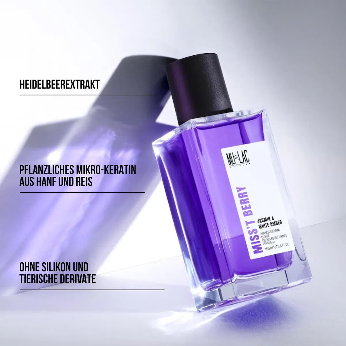 MULAC | Miss't Berry Haaressenz Restrukturierend, Haarparfum mit Heidelbeeröl und pflanzlicher Keratin, Restrukturierende Wirkung, Noten von Holz und Vanille, 100ml