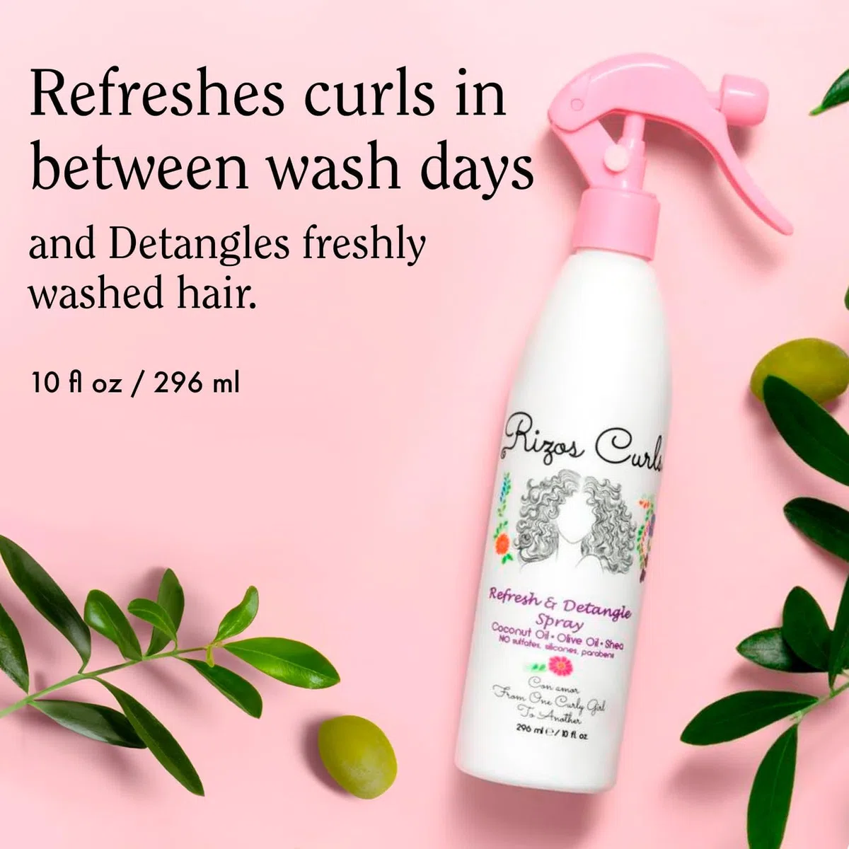 Rizos Curls Reise-Spray, feuchtigkeitsspendend ohne Ausspülen, reduziert Frizz, Glanz und Definition mit Kokosöl, Aloe Vera
