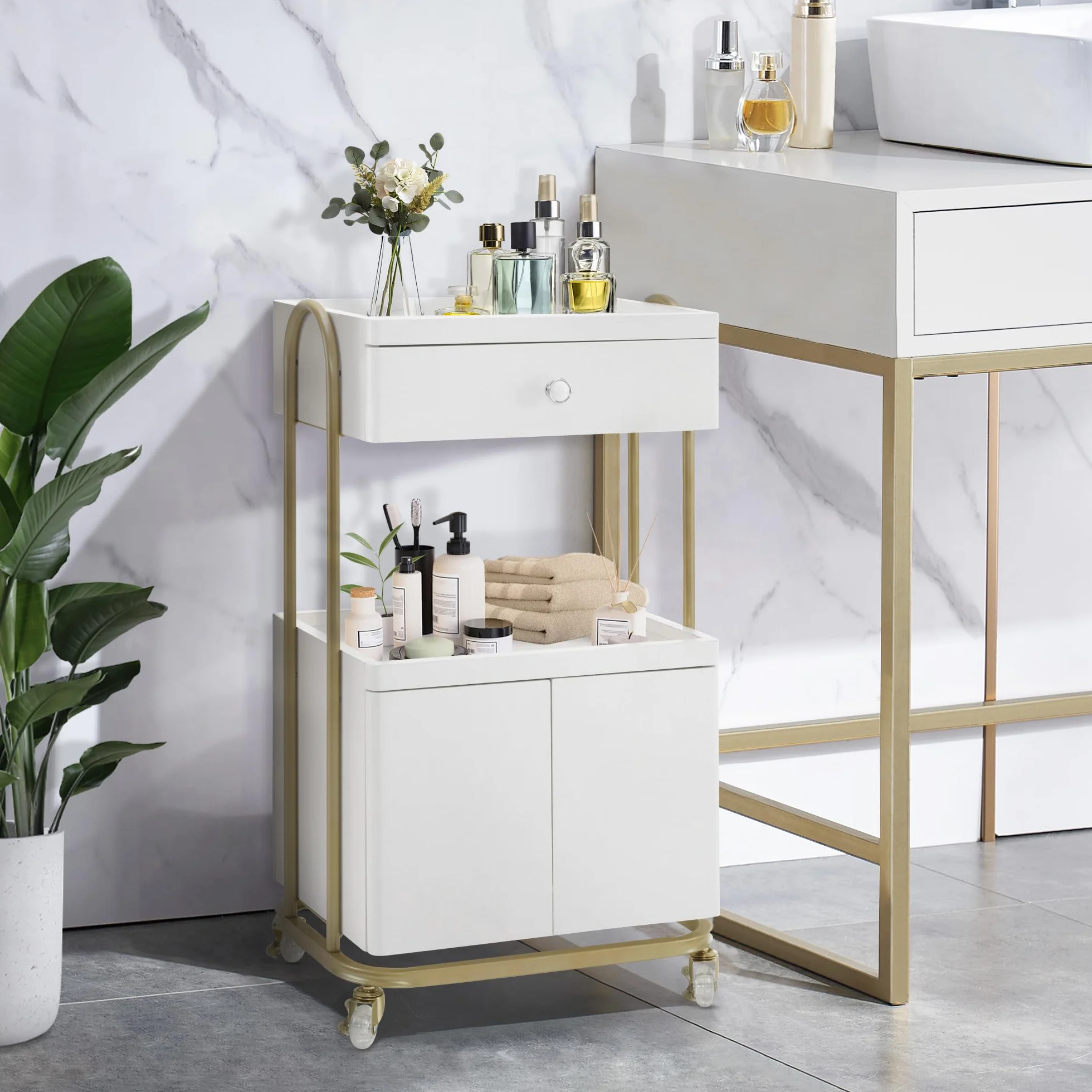 M MCombo Servierwagen mit Rollen & Schublade, Rollwagen Friseurwagen Weiß-Gold, Salon Trolley 36x50x87cm