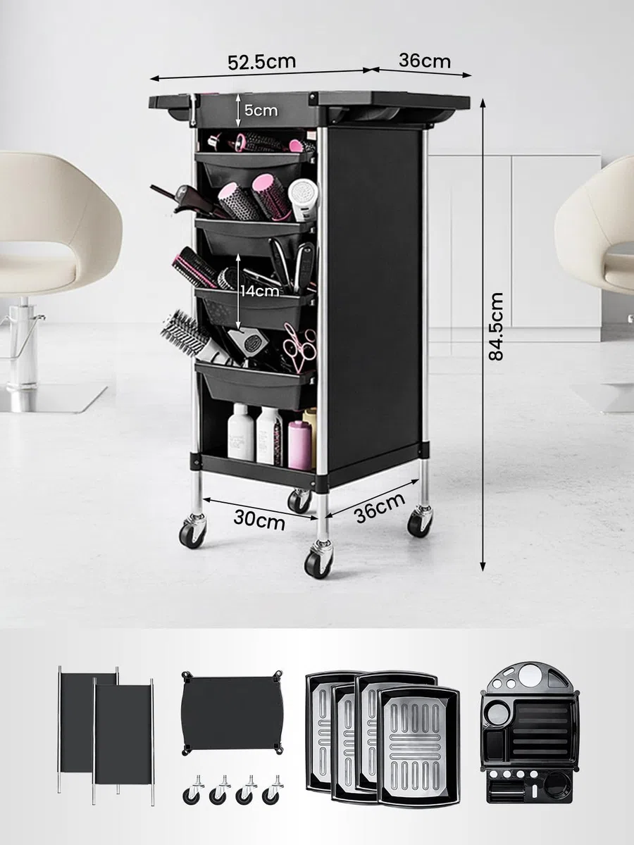 Friseurwagen mit 4 Schubladen – Rollbarer Beauty-Organizer mit Seitenschale & Föhnhalter, mobiler Barbier-Tool-Wagen für Salon, Spa & Zuhause