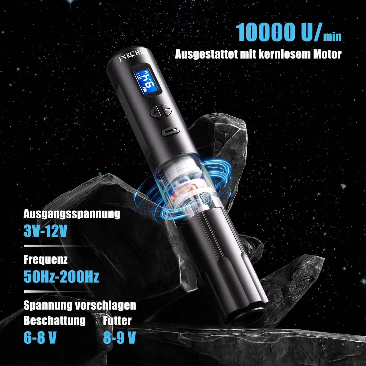 Permanent Makeup Maschine kabellose, 3mm Stroke Length Microblading Pen mit 2 Stück Batterien, 10 Stück Patronen Nadeln, 1000 mAh Akku Coreless Motor, Profis Rotary Tattoo Gun mit OLED Display,Schwarz