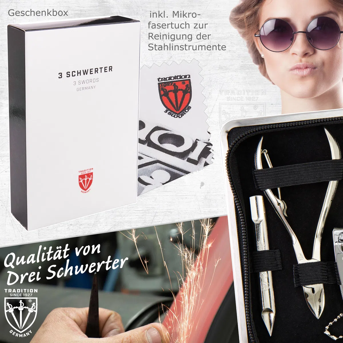 DREI SCHWERTER Germany Maniküreset Nagelnecessaire 'Andria' - 8-tlg. aus schwarzem Kunstleder, Inhalt: Nagelschere, Nagelzange, Glasnagelfeile, Hautschere, Pinzette und vieles mehr!