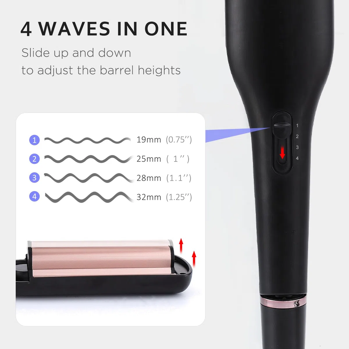 [19/25/28/32mm] Welleneisen für Haare - janelove 4-in-1 Lockenstab für Beach waves/Natürlich Wellen/Wasserwellen/Mermaid Waves, 160°C bis 210°C Kreppeisen für die haare mit Handschuhe und Clips - Gold