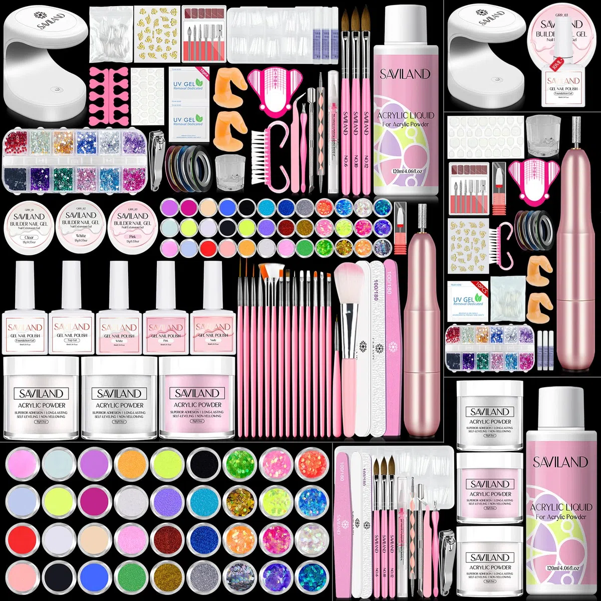 SAVILAND Acryl Nagelset Starterset Komplett: Gelnägel Starterset, Gel Nagellack Acrylpulver Nagelfräser U V Lampe Acryl Liquid Nagelbürste Nägel Selber Machen Nail Art Maniküre Geschenk für Frauen