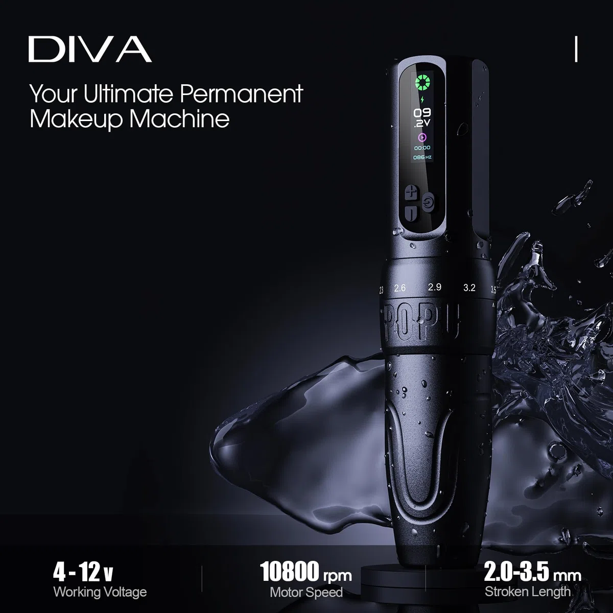 EZ Drahtlose Tattoo Maschine - 6 Anschläge 2.0mm-3.5mm Tattoo Maschine mit OLED Digitalanzeige 1600mAh Akkuleistung für Permanent Make-up SMP und Künstlerinnen (DIVA Schwarz)