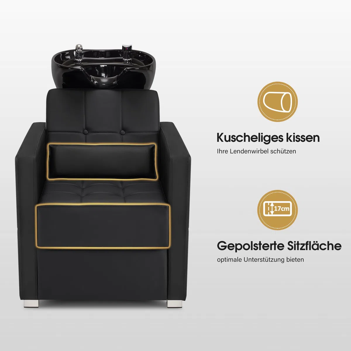 Barberpub Friseurstuhl mit Waschbecken, Friseurwaschbecken aus Keramik Verstellbar, Rückwärtswaschsessel Friseurwaschsessel für SPA Salon, Friseur Waschplatz W8010 (Schwarz)