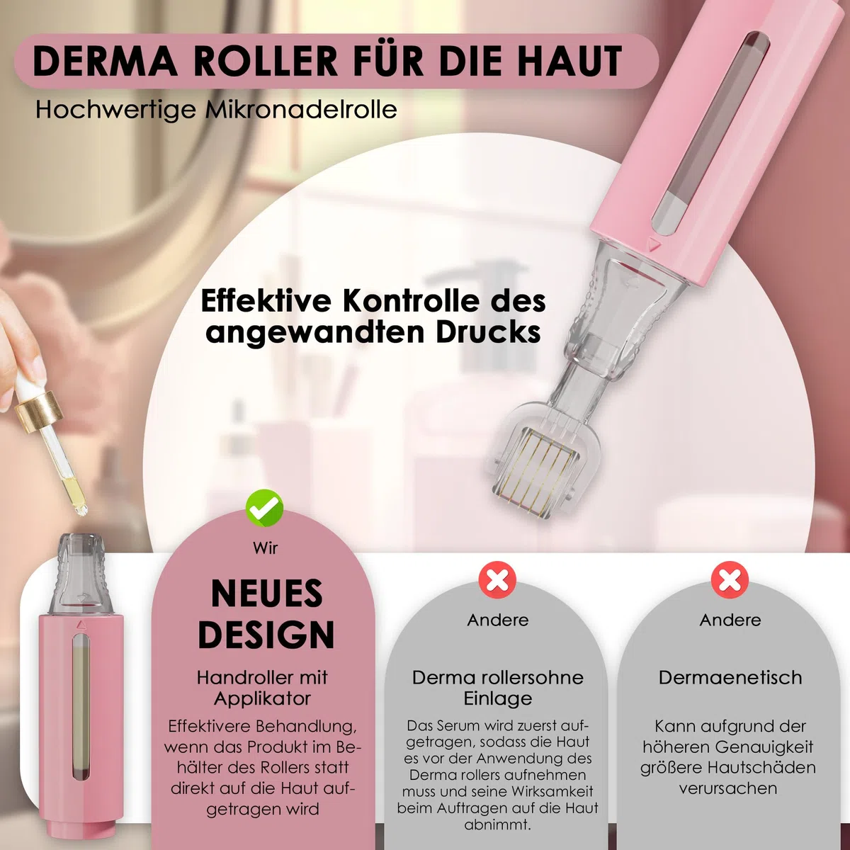 HAMINOS Derma roller 0,25 mm mit Tank für Lippen, Haut, Haare, Falten, Dehnungsstreifen, Hyperpigmentierung SOFORTIGE SERUMANWENDUNG, 105 Titannadeln