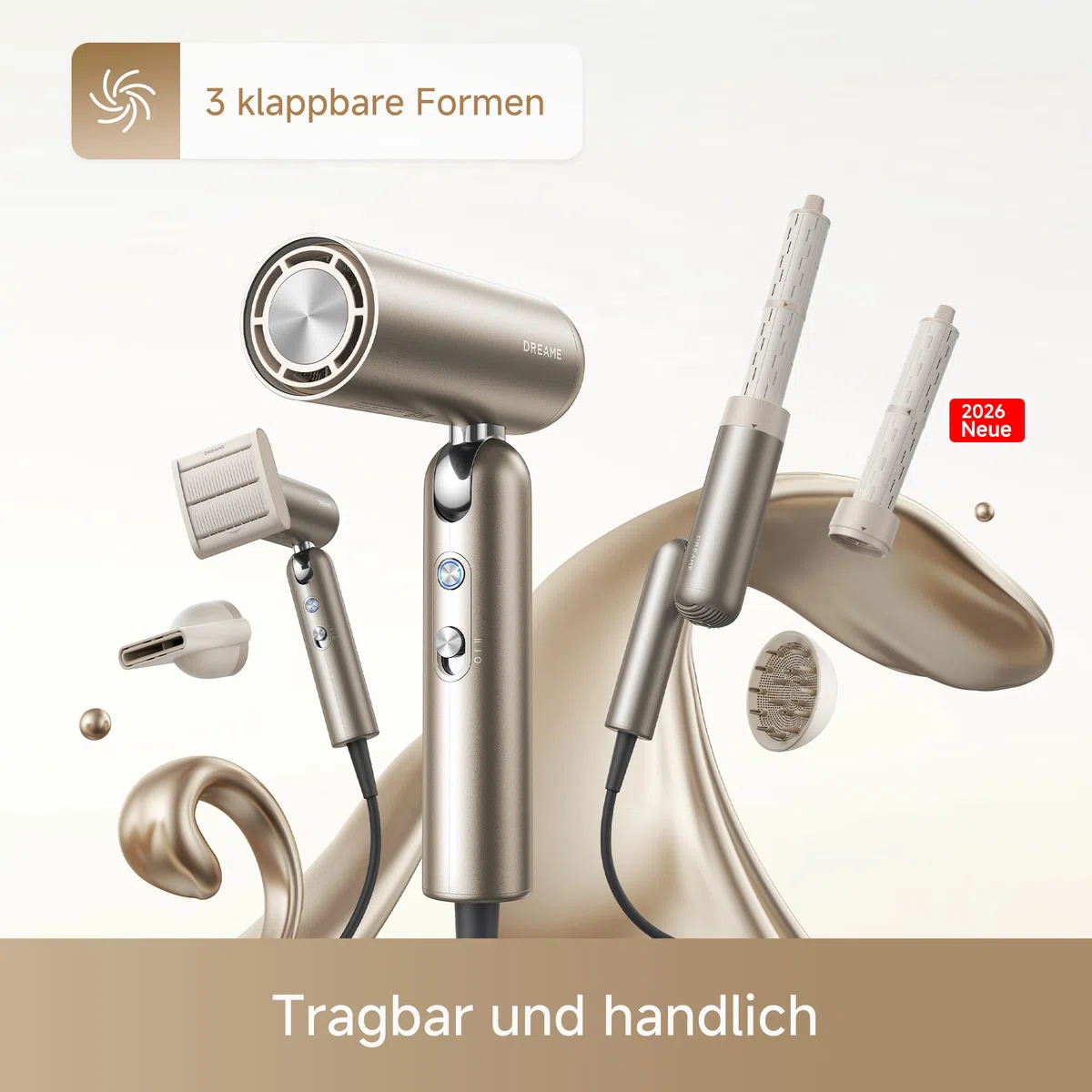 DREAME Pocket Pro Hochgeschwindigkeits-Haartrockner, 3 klappbare Formen Reiseföhn, 300 g, 110.000 U/min Motor, 300 Millionen negative Ionen/cm³, konstant 57 °C, 40s NTC-Trocknung, 2026 Neue