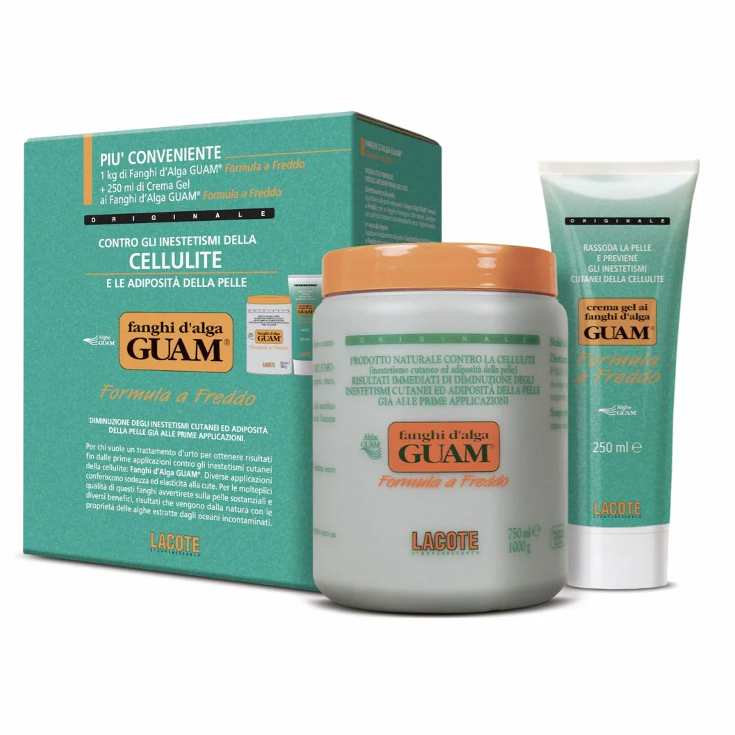 Guam, Algenfango Guam Set Kühleffekt, Packung mit 1 kg Algenfango Formel Kühleffekt + 250 ml Algenfango Gelcreme Formel Kühleffekt, Set Anti-Cellulite, Made in Italy